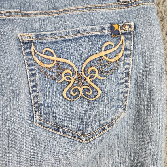 Womens Y2K High Rise Bootcut Jeans Size 12 Blue Embellished Pockets Light Stretc - Picture 9 of 11